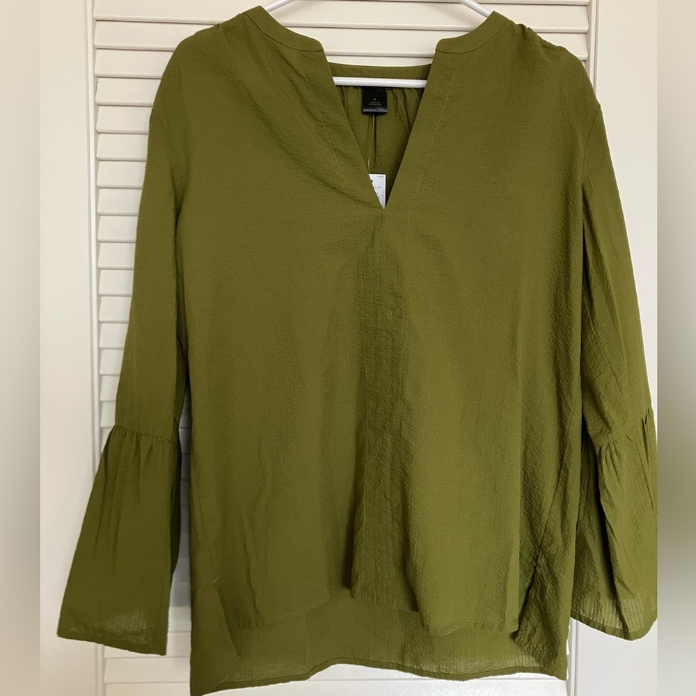 Ann Taylor Olive V-Neck Bell Sleeve Blouse